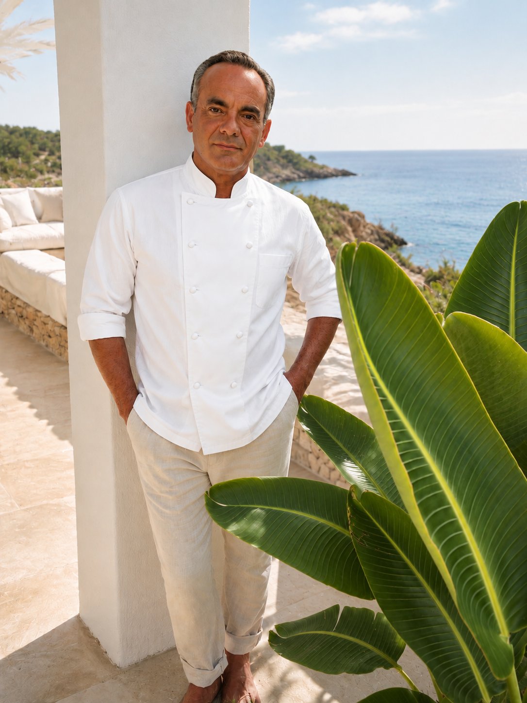 Chef Paolo Ambu on a villa terrace above the sea in Ibiza