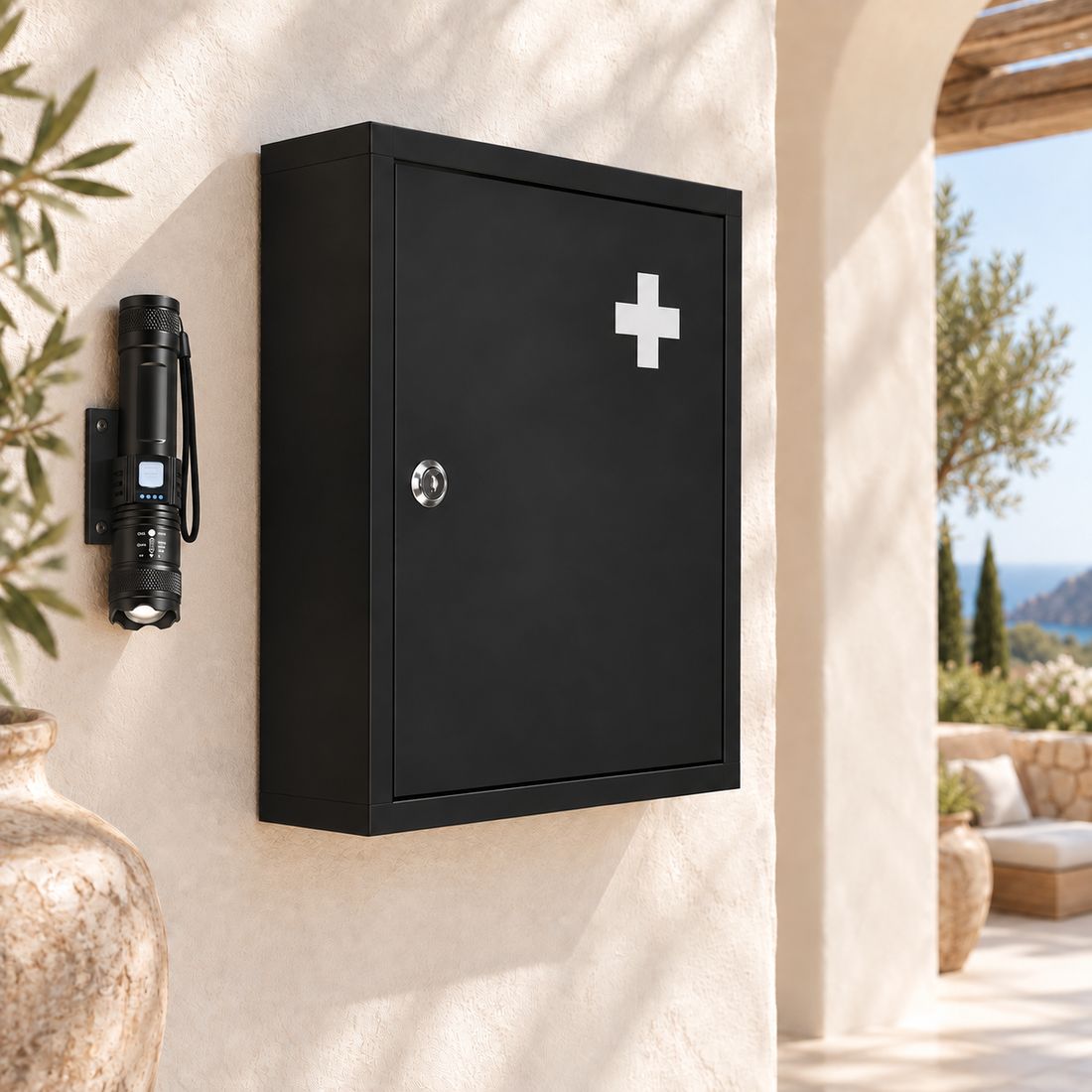 Wingman villa safety station: matte-black first-aid cabinet on a whitewashed villa wall, rechargeable torch in a wall mount beside it