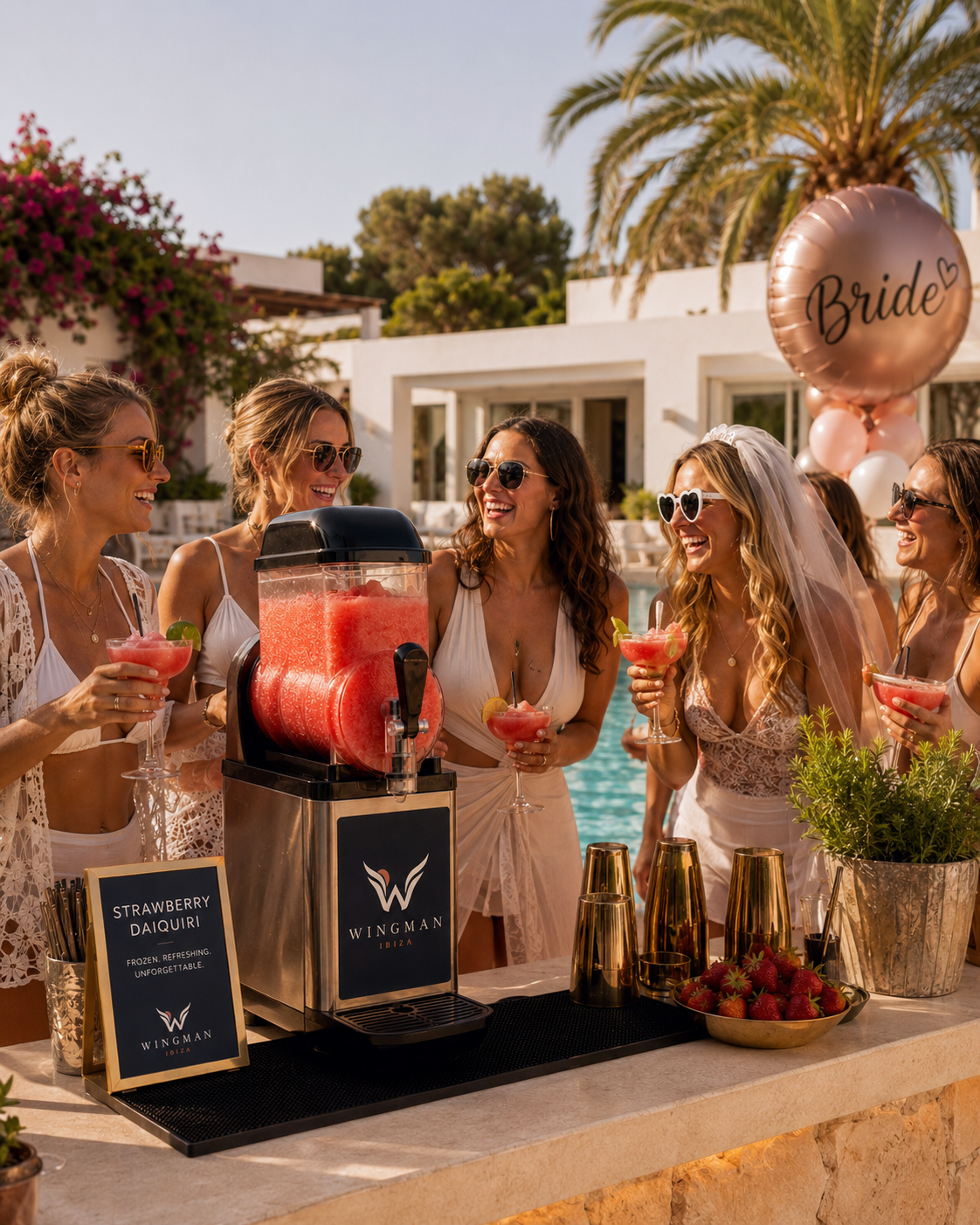 Hen party with slush cocktail machine at Ibiza villa pool, Wingman Ibiza
