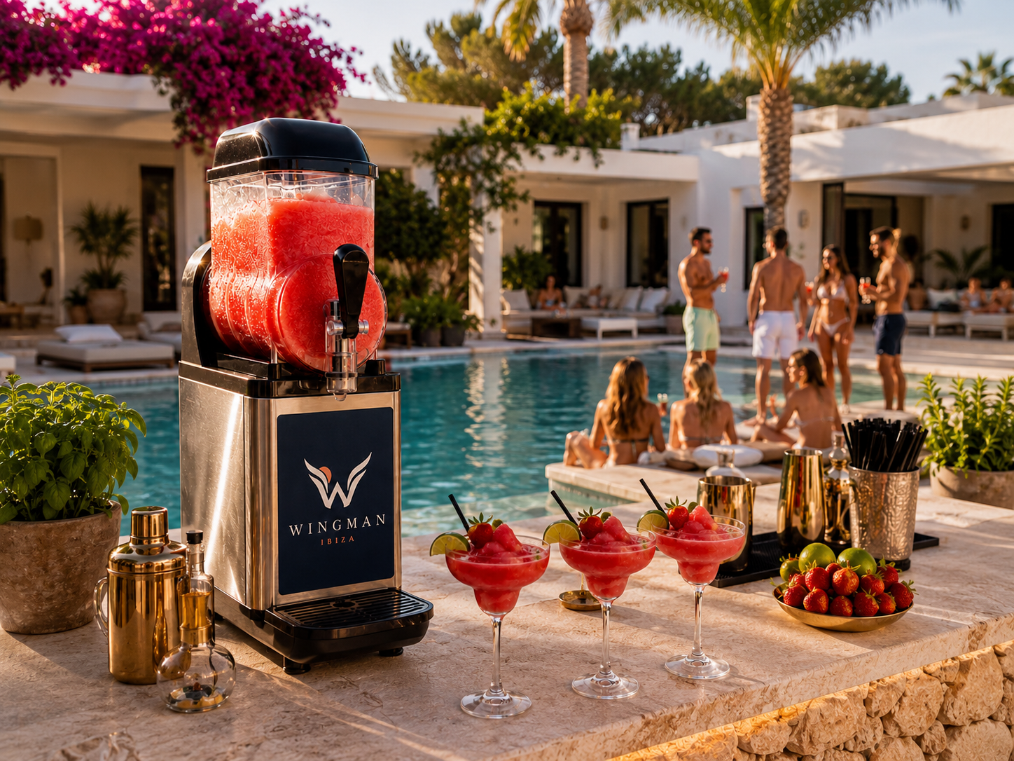 Pool party group enjoying slush cocktails at Ibiza villa, Wingman Ibiza
