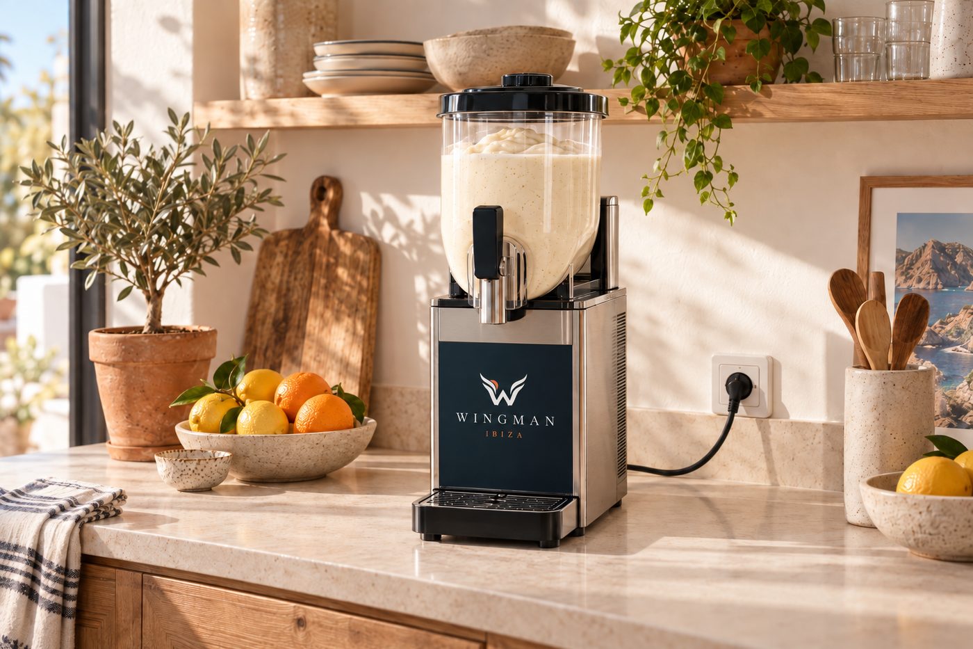 The milkshake machine on an ordinary kitchen counter, plugged into a normal socket