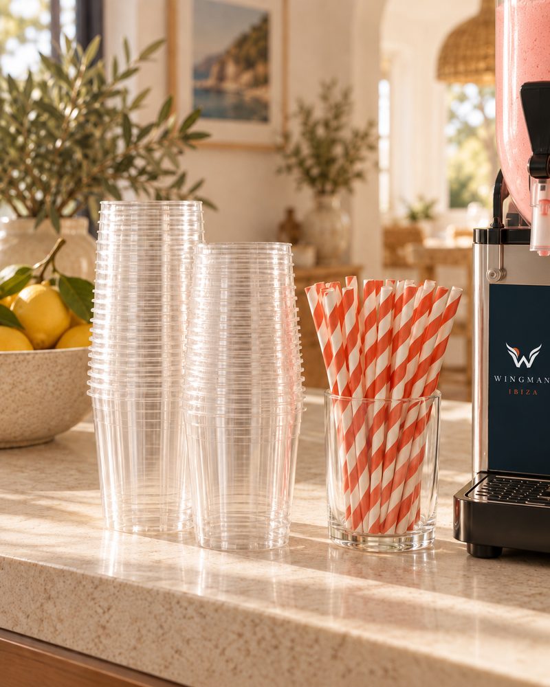 The cups and paper straws included with the machine