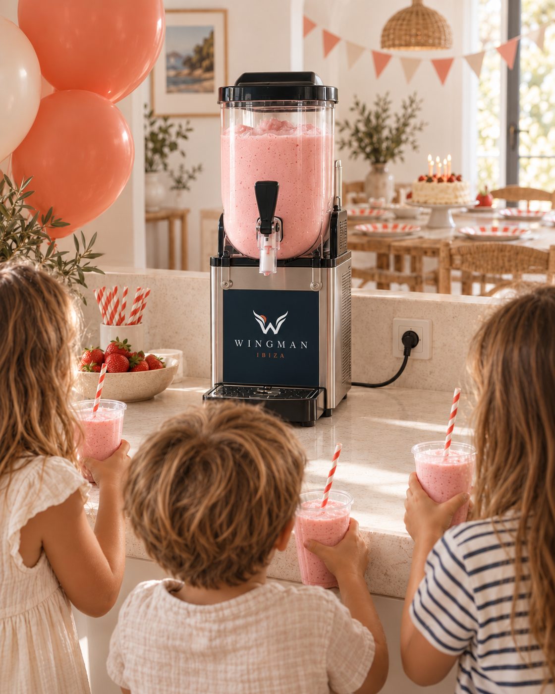 Children enjoying alcohol-free strawberry slush from a Wingman machine at an Ibiza party, Wingman Ibiza