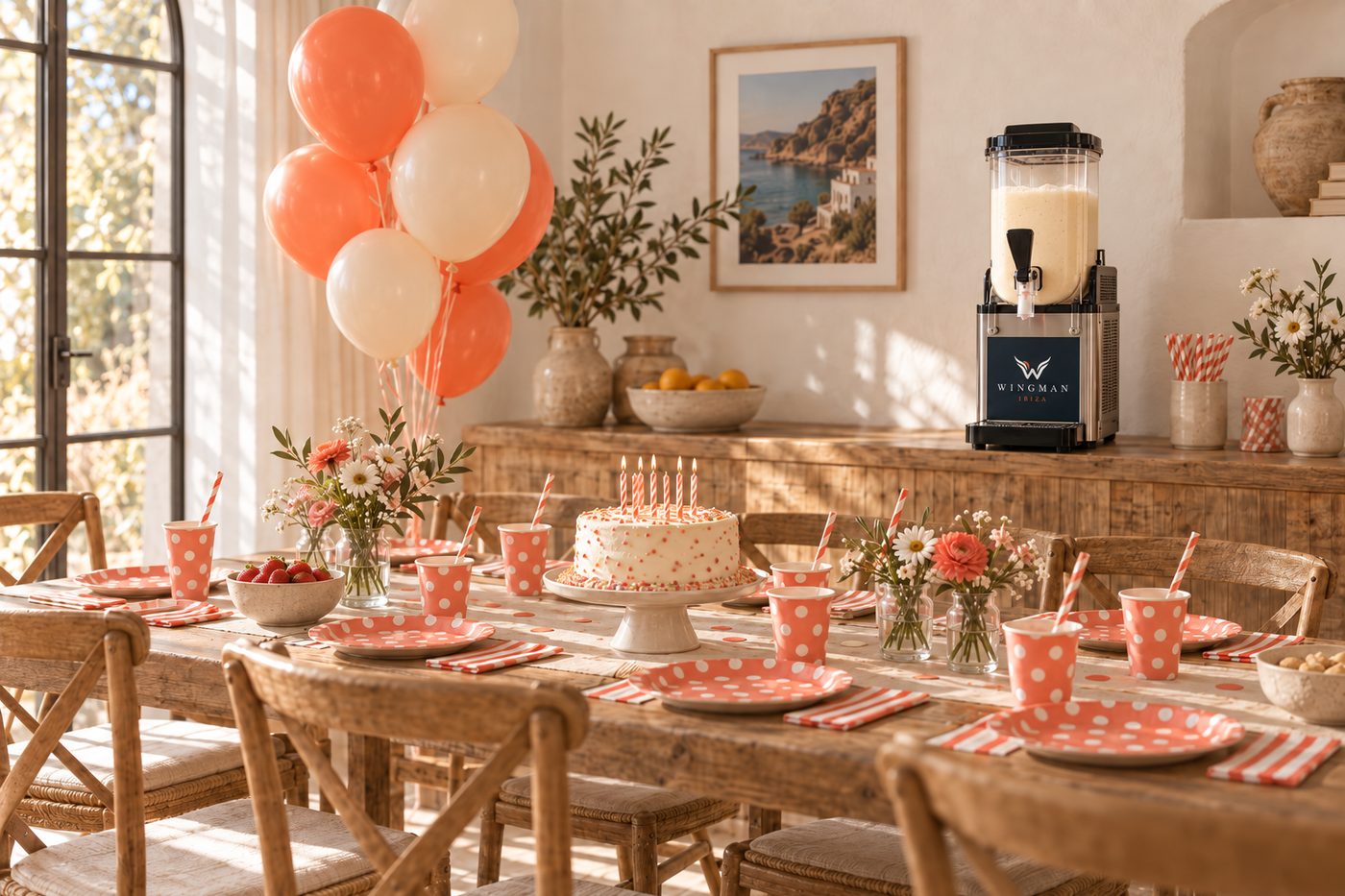 A children's birthday table set up at home, with the machine behind it