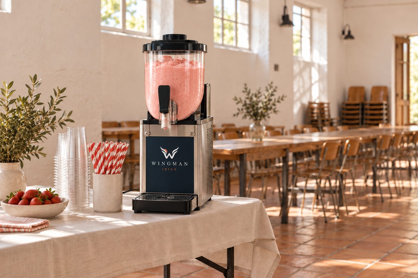 The machine set up in a school hall or a restaurant's private room